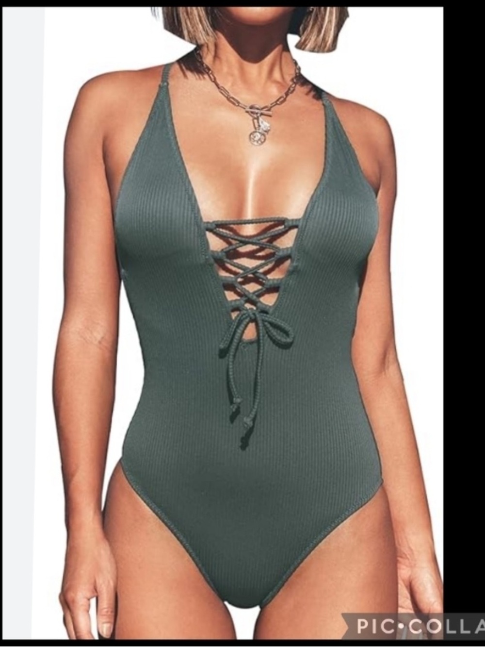 Ribbed Lace-Up Deep V One-Piece Swimsuit - Green 15